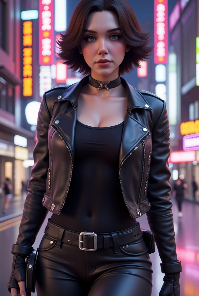 Beth as a renegade bounty hunter, 3d render, fornite skin, 3d model, In the bustling, neon-lit streets of a sprawling cyberpunk metropolis, the Bounty Hunter blends seamlessly into the chaotic environment. She sports a rugged, dark leather jacket that fits snugly around her torso, adorned with metal studs and reinforced padding for protection. Attached to her belt are various high-tech gadgets and weapons, essential for her dangerous line of work. Under the jacket, she wears a skin-tight, black synthetic fabric shirt that provides both flexibility and durability, with lines of glowing circuitry running along her arms, hinting at cybernetic enhancements.