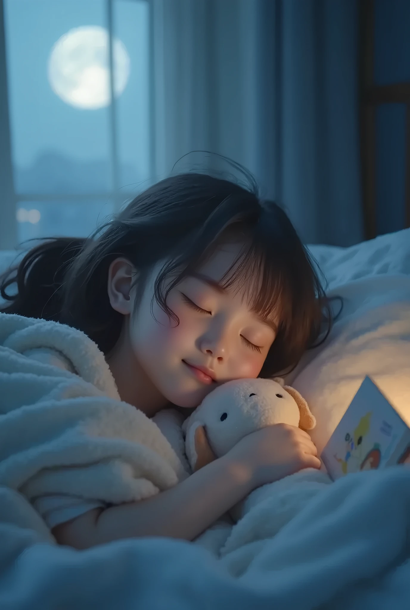 A 5-year-old girl is sleeping,Soft warm light,, Photos taken with Nikon D750, Photos taken with Nikon D750, Plush Toy Photography, Beautiful soft light