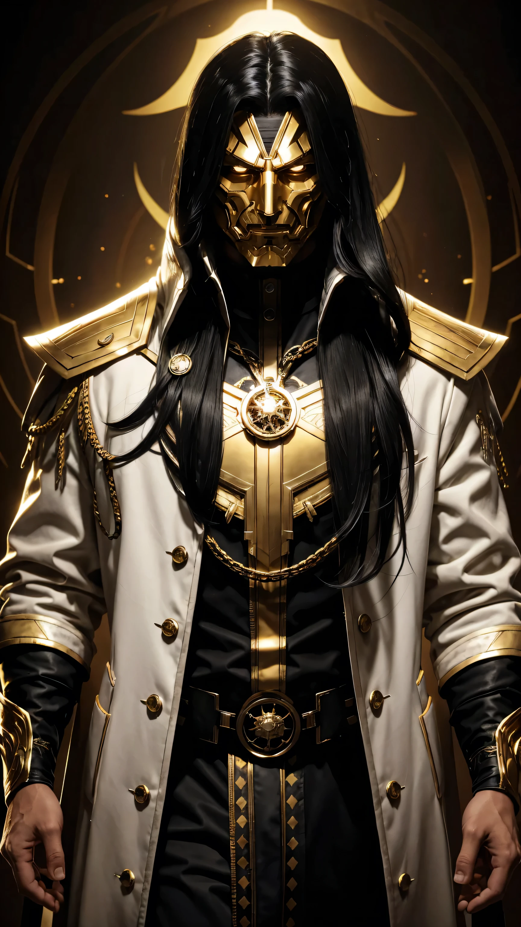 A man with long black hair wearing a golden mask wearing a white scientist's coat with gold details from the mysterious 8k supervillain.