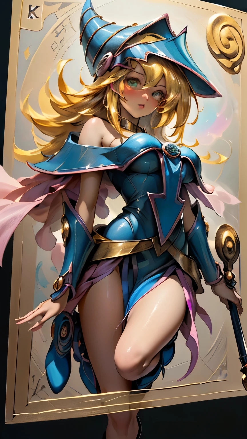 (masterpiece:1.2), (The best quality:1.2), perfect lighting, Dark Magician Girl, closed eyes. open mouth . foreign language. On knees. visible tits. she is naked . She wears gold heels. In heels. heels. On her face she has semen that runs down her face and breasts. Take from top to bottom. Milk all over his face. white milk.