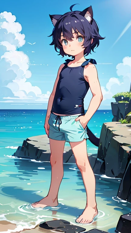 Cute shota boy, pony hair, blue eyes, cat ears, big tail, swimming trunks, beach background, high quality 