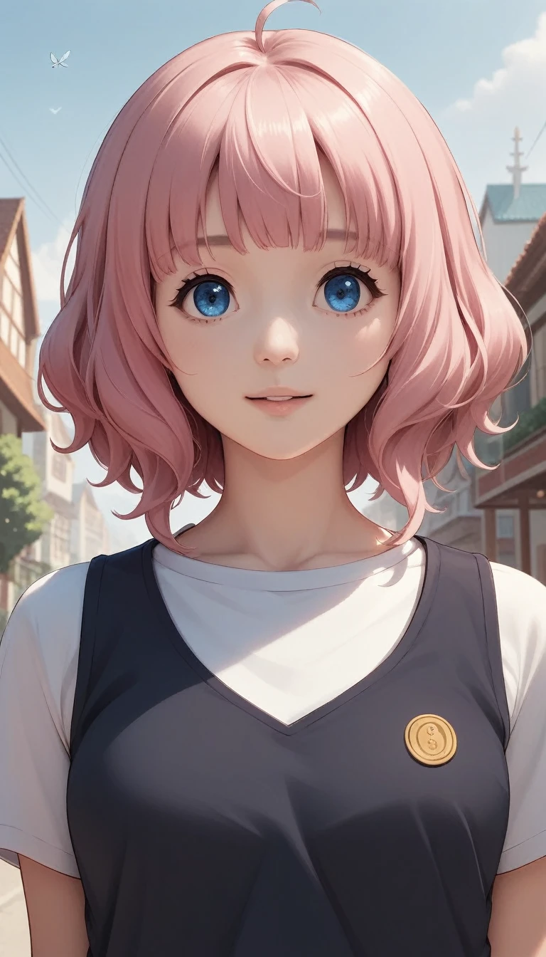 anime girl with pink hair and blue eyes weaAlsog a vest, April Rendering, Sayori, Another close-up of Iwakura, 8K Portrait Rendering, Anime girl flies over the buildings, Photorealistic anime girl rendering, smooth anime cg art, Young anime girl closeup, Cute girl anime visuals, Also, Anime Moe Art Style