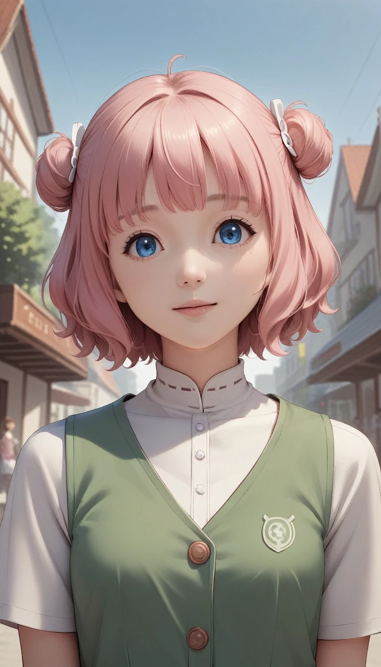 anime girl with pink hair and blue eyes weaAlsog a vest, April Rendering, Sayori, Another close-up of Iwakura, 8K Portrait Rendering, Anime girl flies over the buildings, Photorealistic anime girl rendering, smooth anime cg art, Young anime girl closeup, Cute girl anime visuals, Also, Anime Moe Art Style