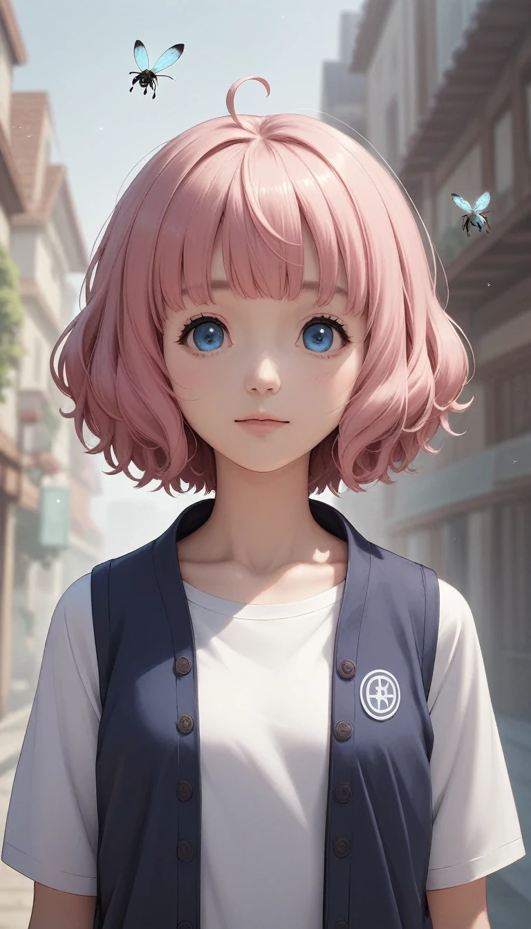 anime girl with pink hair and blue eyes weaAlsog a vest, April Rendering, Sayori, Another close-up of Iwakura, 8K Portrait Rendering, Anime girl flies over the buildings, Photorealistic anime girl rendering, smooth anime cg art, Young anime girl closeup, Cute girl anime visuals, Also, Anime Moe Art Style