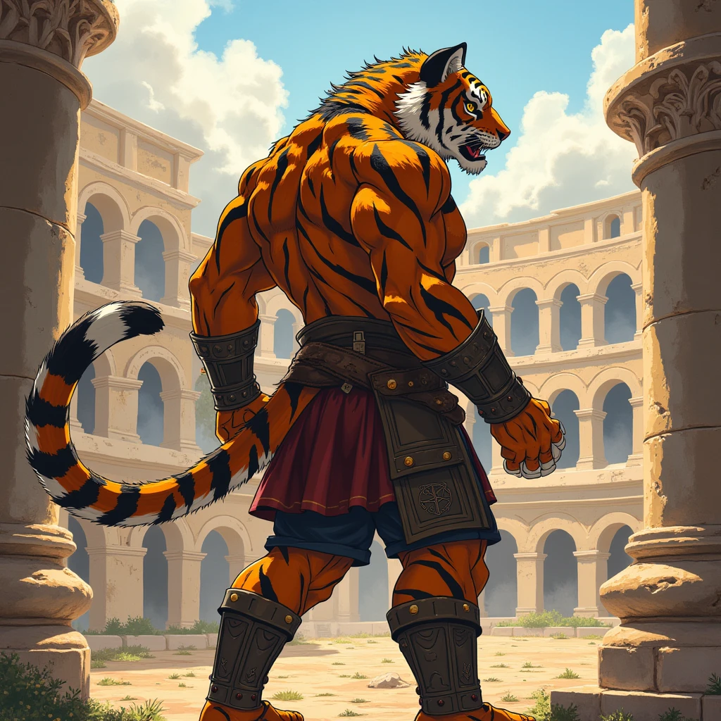 gladiator, a muscular middle-aged tiger man, full body in Michelangelo Buonarroti style, digital illustration anime, character focus, full body, looking away, dynamic angle, niji6, niji5, BREAK gladiator armor, helmet, fighting, dynamic pose, morning, colosseum, outdoor, detailed painting landscape, BREAK complete anatomy, perfect proportions, beautiful thigh gap, fluffy body, intricate fur details, beautiful fur texture, BREAK detailed tiger 1tail, detailed toe, 5toes, 5toes nails, beautiful foot, detailed hands, 5fingers, 5fingers nails, BREAK aesthetic anime face, insanity detailed face, male face, big face, square jawline, aesthetic anime eyes, detailed brown eyes, detailed brown cornea, detailed dark brown irises, detailed pupils, male eyes, big eyes, male eyebrows, innocent look, beautiful beard, BREAK masterpiece, official art, best quality, very aesthetic, absurdres, super fine illustration, great quality, BREAK noise reduction, very highres, large filesize, high quality, 32K, 8k wallpaper, dynamic lighting, BREAK insanity detailed, ultra detailed, intricate details, extremely detailed, detailed texture, an extremely delicate and beautiful, full color, HDR, BREAK e621 illustration, Fur Affinity illustration, osukemo, kemohomo, anthropomorphic, furry, cartoon, harmonious eyes, pastoral face, virtuous body, epic atmosphere 