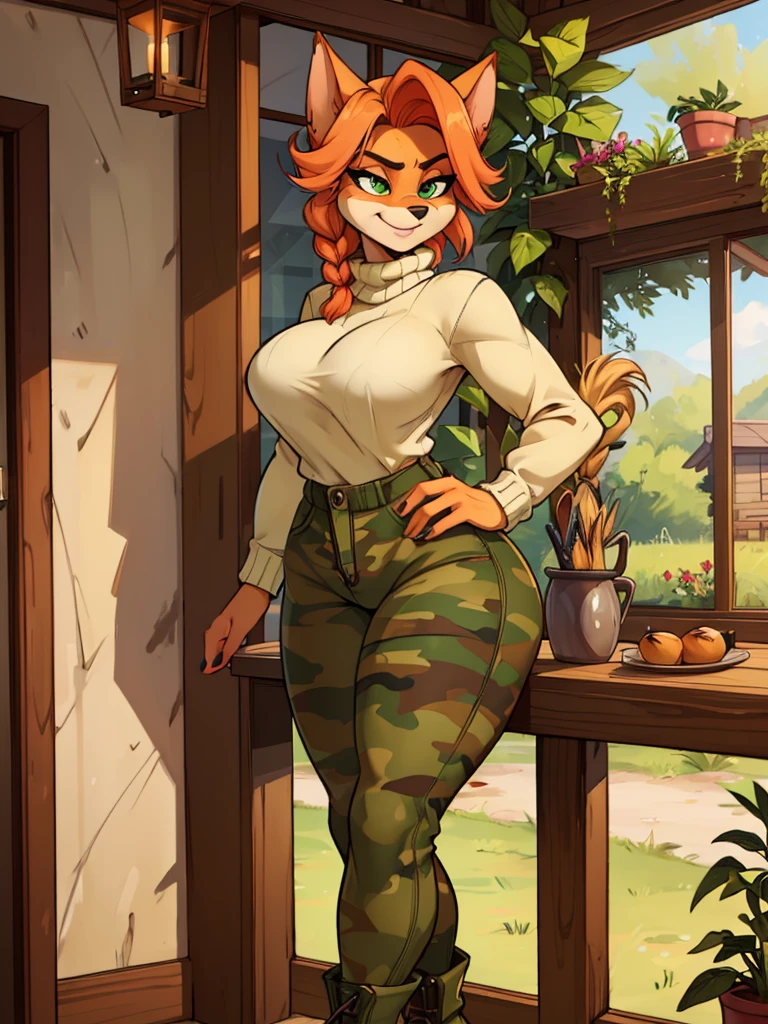  Furry, sancy anthro bandicoot girl redhead, braided hair, beautiful green eyes, sexy, seductive, warm sweater,  camouflage pants, army boots, smirking, cozy lighting, vibrant colors. anthro bandicoot girl redhead, braided hair, beautiful green eyes, very sexy, seductive, warm sweater,  camouflage unzipped pants, army boots, futanari,