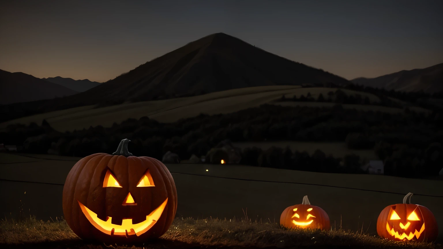 pumpkin on ground,hills,night sky, mysterious atmosphere,beautiful landscape,intricate details, witches and goblins celebrating halloween