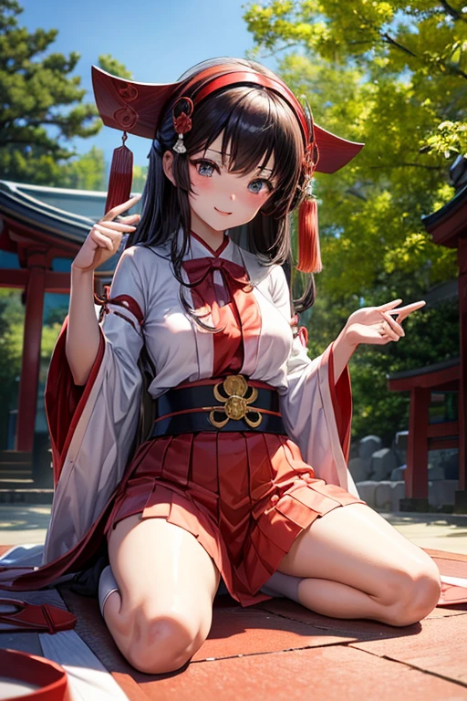 anime girl sitting on a stone platform in a red and white outfit, guweiz on pixiv artstation, guweiz on artstation pixiv, anime goddess, guweiz, beautiful anime girl squatting, seductive anime girl, japanese goddess, trending on artstation pixiv, the anime girl is crouching, beautiful anime girl, onmyoji