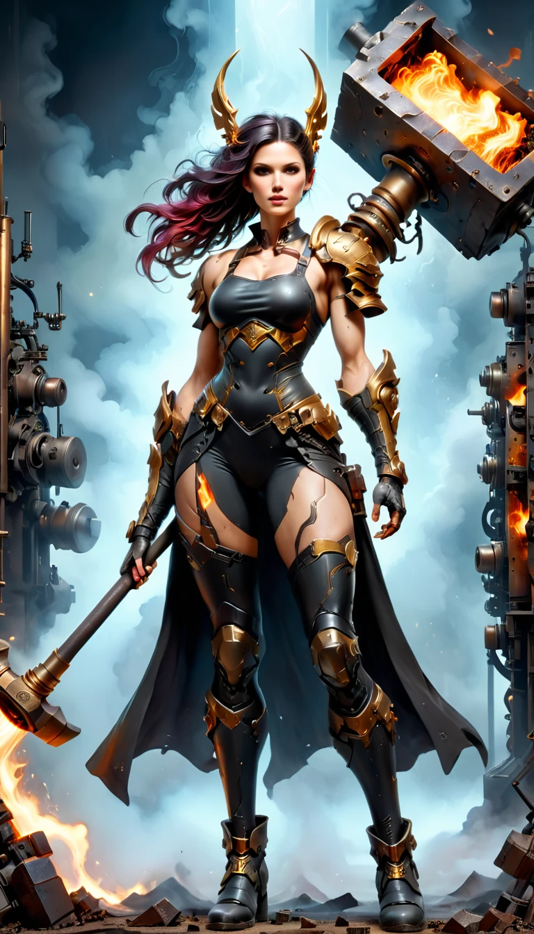 (sfw), (wide angle), 1woman, goddess of the forge, Hephaestus, ((blacksmith woman)), middle-aged woman in her 40s, toned muscle physique, ((medium length wavy with crimson roots fading to black tips)), burn scars on chest and arms, (wearing leather apron, apron with glowing symbols), (tight black button up shirt) , (wearing skin tight white leggings), (wearing flat heeled black work boots), ((swings a huge smithy hammer in one hand, over her head)), smith's hammer is glowing green, she stands at an angelic anvil, (set inside a massive robotic factory:1.37), ((high resolution)), intricately detailed facial features, detailed piercing eyes, refined jawline, masterpiece, 8k, ((hyper realistic)), 3/4 profile view, cinematic lighting, dramatic shadows, warm color tones, intricate details, hyper-detailed, battle hammer, hyperkraximalism, spl1th41r, two tone hair,