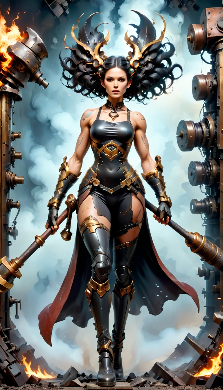 (sfw), (wide angle), 1woman, goddess of the forge, Hephaestus, ((blacksmith woman)), middle-aged woman in her 40s, toned muscle physique, ((medium length wavy with crimson roots fading to black tips)), burn scars on chest and arms, (wearing leather apron, apron with glowing symbols), (tight black button up shirt) , (wearing skin tight white leggings), (wearing flat heeled black work boots), ((swings a huge smithy hammer in one hand, over her head)), smith's hammer is glowing green, she stands at an angelic anvil, (set inside a massive robotic factory:1.37), ((high resolution)), intricately detailed facial features, detailed piercing eyes, refined jawline, masterpiece, 8k, ((hyper realistic)), 3/4 profile view, cinematic lighting, dramatic shadows, warm color tones, intricate details, hyper-detailed, battle hammer, hyperkraximalism, spl1th41r, two tone hair,