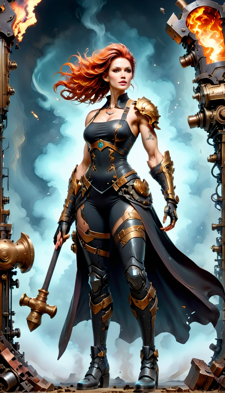 (sfw), (wide angle), 1woman, goddess of the forge, Hephaestus, ((blacksmith woman)), middle-aged woman in her 40s, toned muscle physique, ((medium length wavy with crimson roots fading to black tips)), burn scars on chest and arms, (wearing leather apron, apron with glowing symbols), (tight black button up shirt) , (wearing skin tight white leggings), (wearing flat heeled black work boots), ((swings a huge smithy hammer in one hand, over her head)), smith's hammer is glowing green, she stands at an angelic anvil, (set inside a massive robotic factory:1.37), ((high resolution)), intricately detailed facial features, detailed piercing eyes, refined jawline, masterpiece, 8k, ((hyper realistic)), 3/4 profile view, cinematic lighting, dramatic shadows, warm color tones, intricate details, hyper-detailed, battle hammer, hyperkraximalism, spl1th41r, two tone hair,