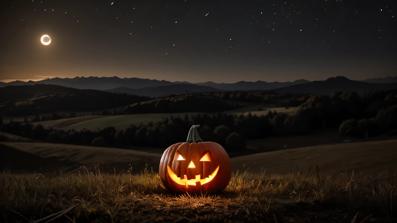 pumpkin on ground,hills,night sky, mysterious atmosphere,beautiful landscape,intricate details, witches and goblins celebrating halloween