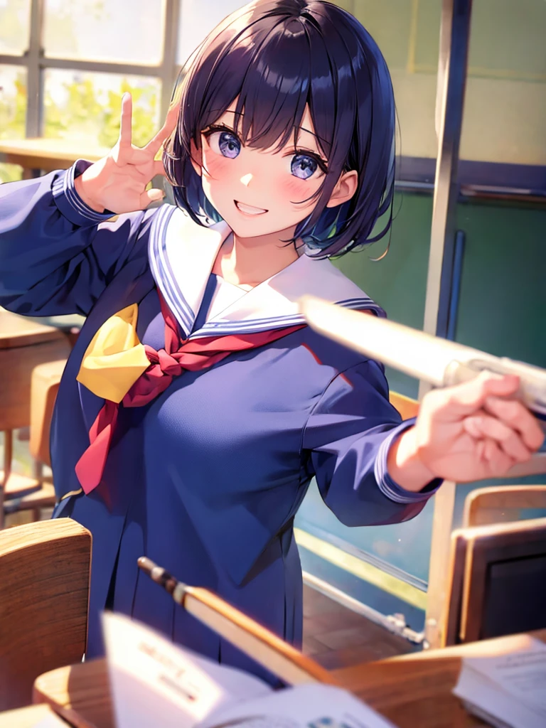 (((High image quality、masterpiece、High image quality)))、Japanese girl、Long-sleeved navy blue sailor suit、School classroom, evening, sunset, short hair, Round Glass, Smiling Kindly, , ((Depiction of upper body only))