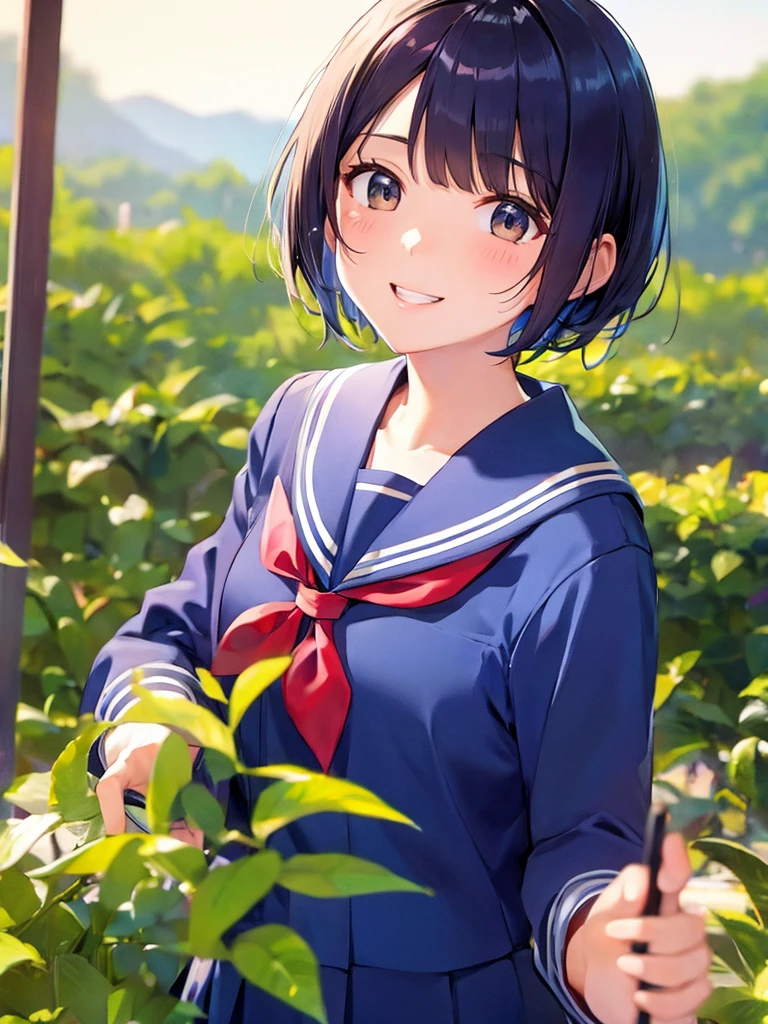 (((High image quality、masterpiece、High image quality)))、Japanese schoolgirl、Long-sleeved navy blue sailor suit、School classroom, evening, sunset, short hair, Round Glass, Smiling Kindly, , ((Depiction of upper body only))