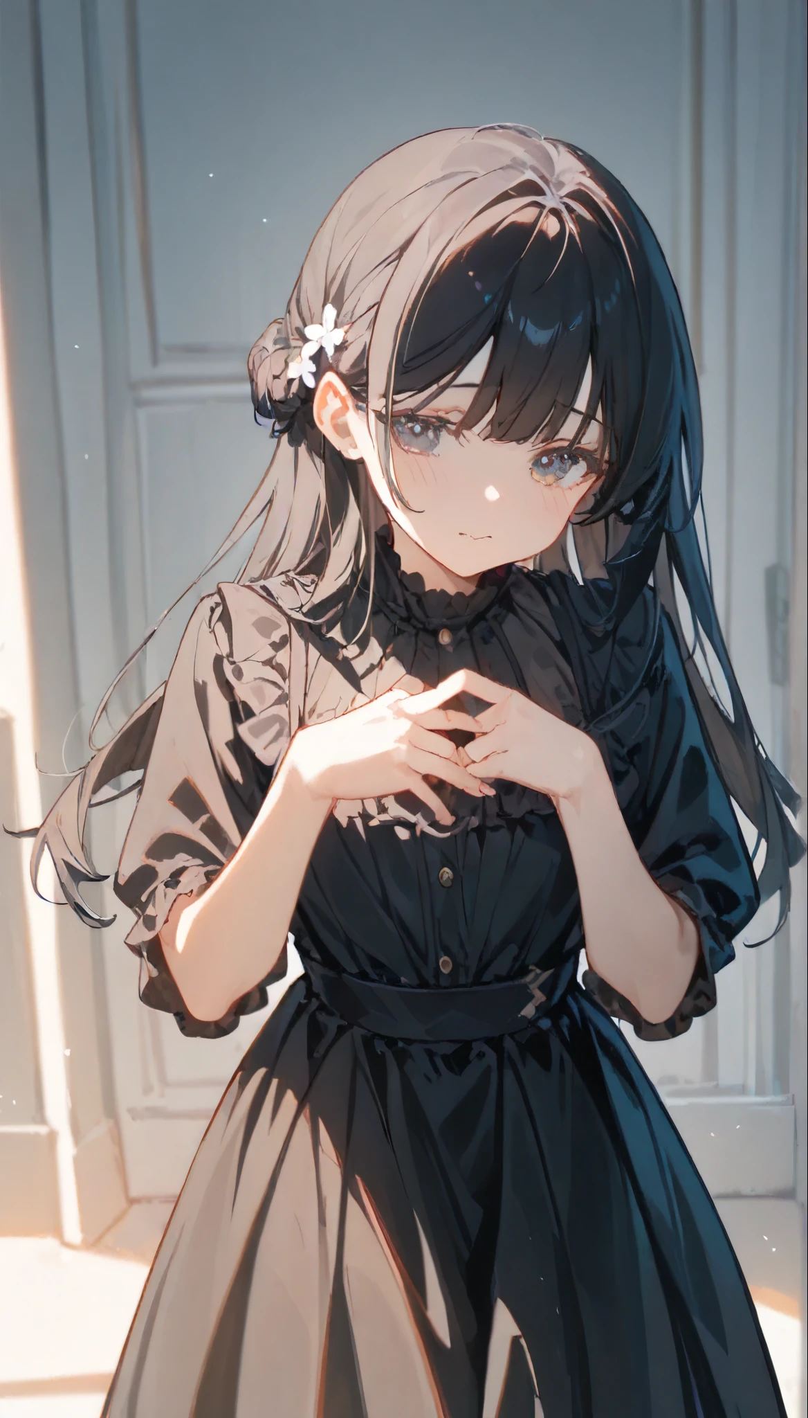 (A high quality masterpiece, Ultra-high resolution, high details 1.5, High Resolution Model, Best Quality:1.2),
Black Hair、Black Dress、girl、cute、Self-centered appearance:1.3, Cookhold Subjective