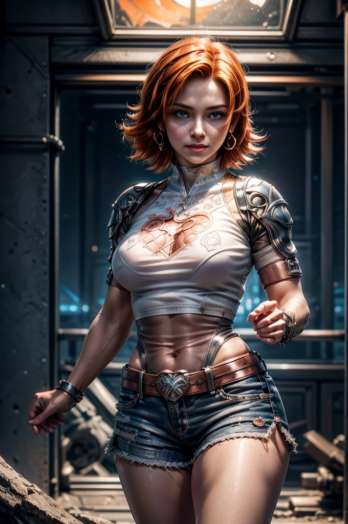 1girl,cowboy shot, beautiful (nora_valkyrie), looking at viewer, smile, lips, short hair, blue eyes, orange hair, hoop earring, t-shirt, shorts, standing inside futuristic house, best quality, masterpiece, intricate details, tonemapping, sharp focus, hyper detailed, masterpiece,stunning girlfriend, heart shaped face, elegant face, beautiful face, highly detailed face, highly detailed skin, skin pores, subsurface scattering, realistic pupils, looking at viewer, full lips, detailed background, depth of field, atmospheric perspective, volumetric lighting, sharp focus, absurdres, realistic proportions, good anatomy, (realistic, hyperrealistic:1.4), 16k hdr,