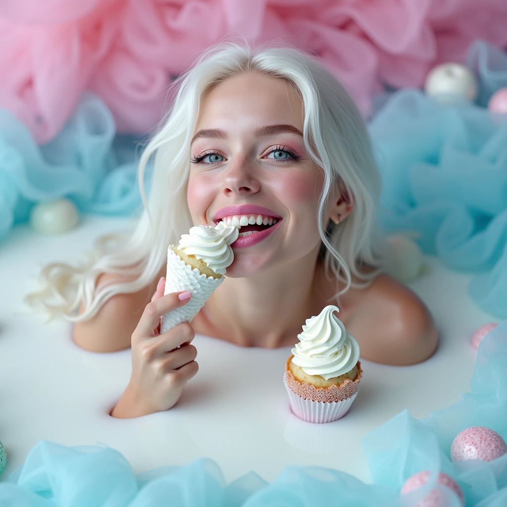 girl laughing in ecstasy, covered in foam, pastel colors, fluffy rabbits morphed with foam, dripping