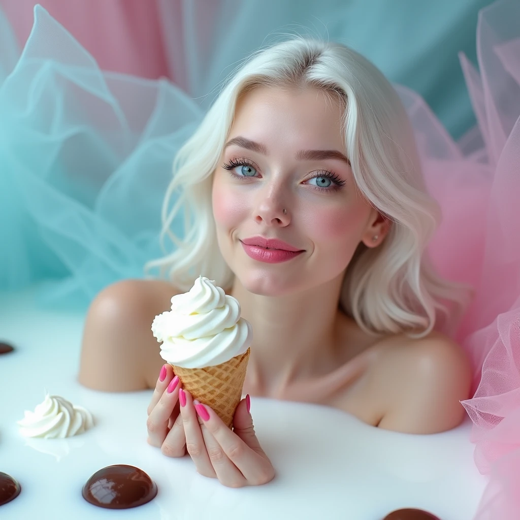 bailing_cream,A girl made of ice cream,(1girl:1.1),perky breasts,(wearing a melted ice cream dress),perfect smile,《《《The woman is naked》》》《《《The woman is completely nude》》》《《《Women don't wear swimsuits》》》《《《The woman is not wearing a bra》》》《《《The woman is not wearing panties》》》《《《The woman is laughing with a big mouth》》》