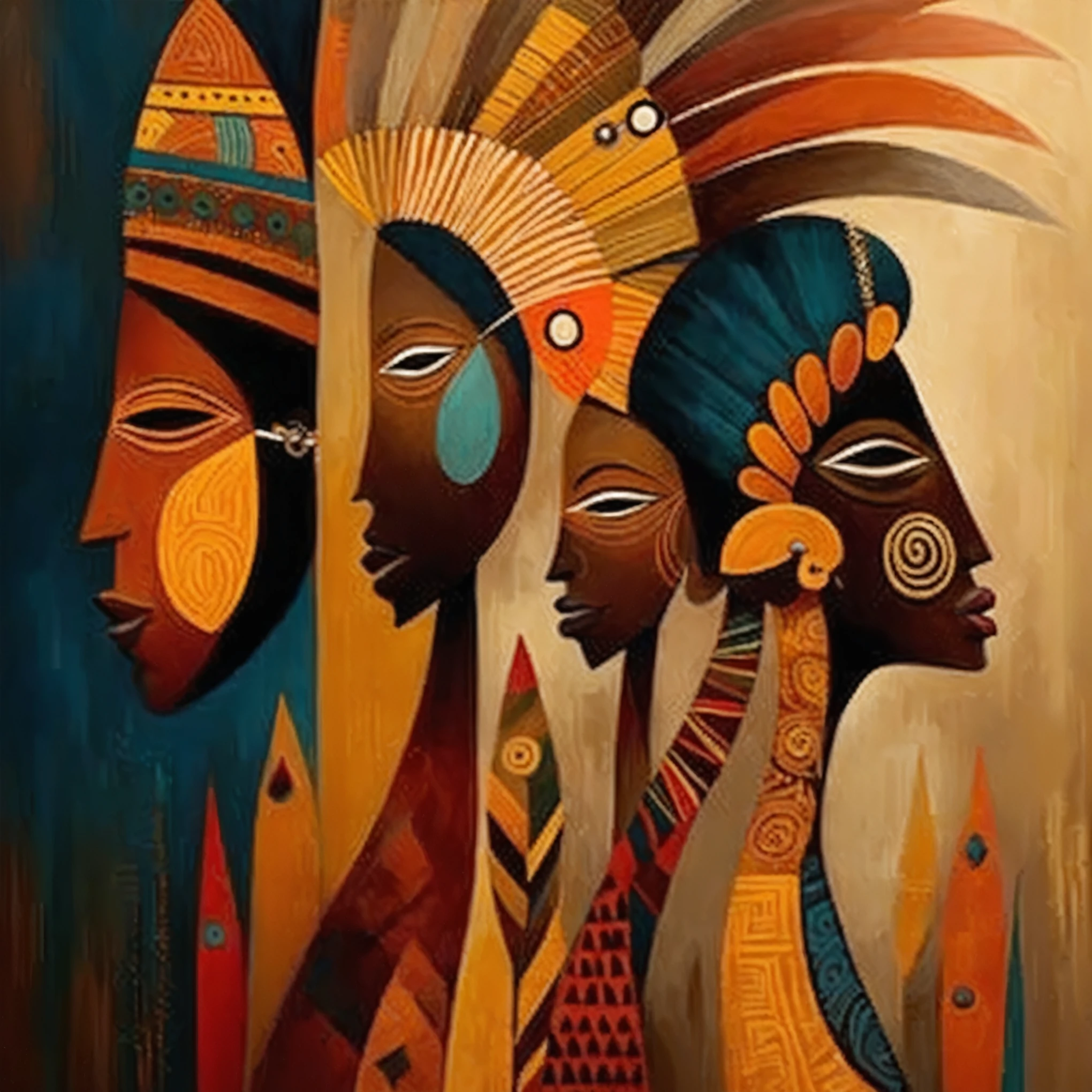 peinture de trois femmes africaines avec des plumes sur la tête, arts africains, Art tribal, Mythologie africaine, ancient tribe, art noir, de beaux visages complexes, art artistique tendance, art incroyable, masques tribaux, par Charles Roka, mystique afrocentriste, visages complexes, iconographie africaine, par Chinwe Chukwuogo-Roy, bel art, reine africaine