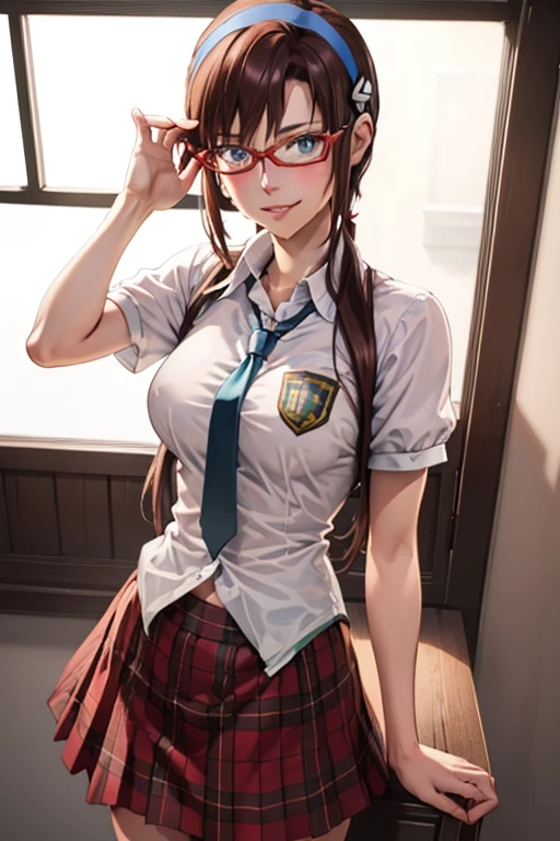 MikinamiPlug, 1girl, solo, long hair, brown hair, hairband, glasses, twintails, blue eyes, smile, medium breasts, red-framed eyewear, skirt, school uniform, necktie, plaid, plaid skirt, absurdities, RAW photo, highest quality, (work of art: 1.3), RAW color photo with high detail, professional photo, extremely detailed 8k CG wallpaper unit, photo-realistic, realistic, RAW photo, work of art, best quality, high resolution, 1 girl, 23 years old, Japanese, Oriental, short stature, straight brown hair with highlights in the front, long length, random hairstyle, athletic body, thin legs, beautiful perfect face, beautiful realistic brown eyes, glasses, fleshy lips, light skin, detailed skin texture, very large natural breasts. series. elegant. Selfie angle.
 