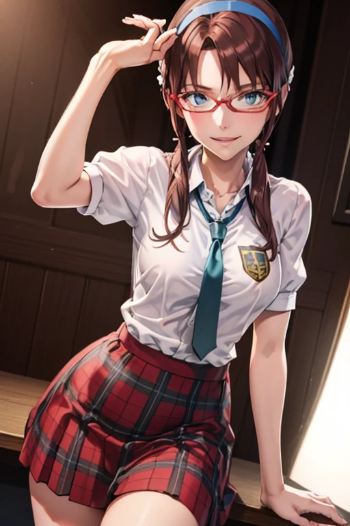 MikinamiPlug, 1girl, solo, long hair, brown hair, hairband, glasses, twintails, blue eyes, smile, medium breasts, red-framed eyewear, skirt, school uniform, necktie, plaid, plaid skirt, absurdities, RAW photo, highest quality, (work of art: 1.3), RAW color photo with high detail, professional photo, extremely detailed 8k CG wallpaper unit, photo-realistic, realistic, RAW photo, work of art, best quality, high resolution, 1 girl, 23 years old, Japanese, Oriental, short stature, straight brown hair with highlights in the front, long length, random hairstyle, athletic body, thin legs, beautiful perfect face, beautiful realistic brown eyes, glasses, fleshy lips, light skin, detailed skin texture, very large natural breasts. series. elegant. Selfie angle.
 