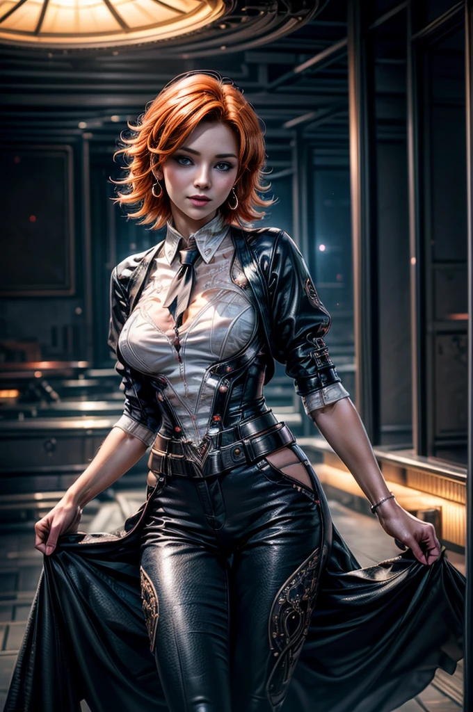 1girl,cowboy shot, beautiful (nora_valkyrie), looking at viewer, smile, lips, short hair, blue eyes, orange hair, hoop earring, black suit, pants, business clothes, black necktie, black nail, standing inside futuristic house, best quality, masterpiece, intricate details, tonemapping, sharp focus, hyper detailed, masterpiece,stunning girlfriend, heart shaped face, elegant face, beautiful face, highly detailed face, highly detailed skin, skin pores, subsurface scattering, realistic pupils, looking at viewer, full lips, detailed background, depth of field, atmospheric perspective, volumetric lighting, sharp focus, absurdres, realistic proportions, good anatomy, (realistic, hyperrealistic:1.4), 16k hdr,