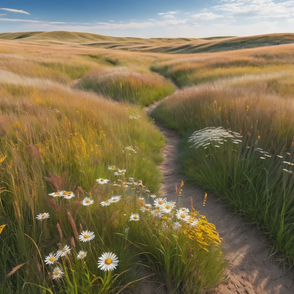 Create a 1-minute high-definition video of a girl (walking:1.6) through a field of flowers. The girl has long hair fluttering in the wind, (she is naked:1.5). She spins and dances in an open field full of wild flowers such as daisies, poppies and lilies of many different colors. Butterflies fly around her. Green hills are visible in the background. The girl appears in either close-up or open shot, sitting in a field. The sky is clear blue with clouds. The camera makes smooth movements, following the girl's movements. The soundtrack is fun, ethereal music. The video conveys lightness, joy and freedom.