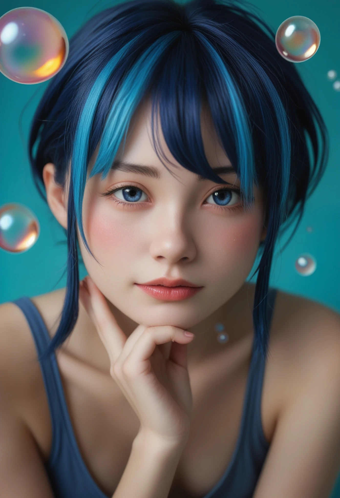 RAW Photos、Realistic、超Realisticな、Woman covered in bubbles、Very cute、Teenager、Seven-colored bubbles、colorful、Indigo Hair、Embarrassed expression、(((Red cheeks and nose:0.2)))、Bubbles Background