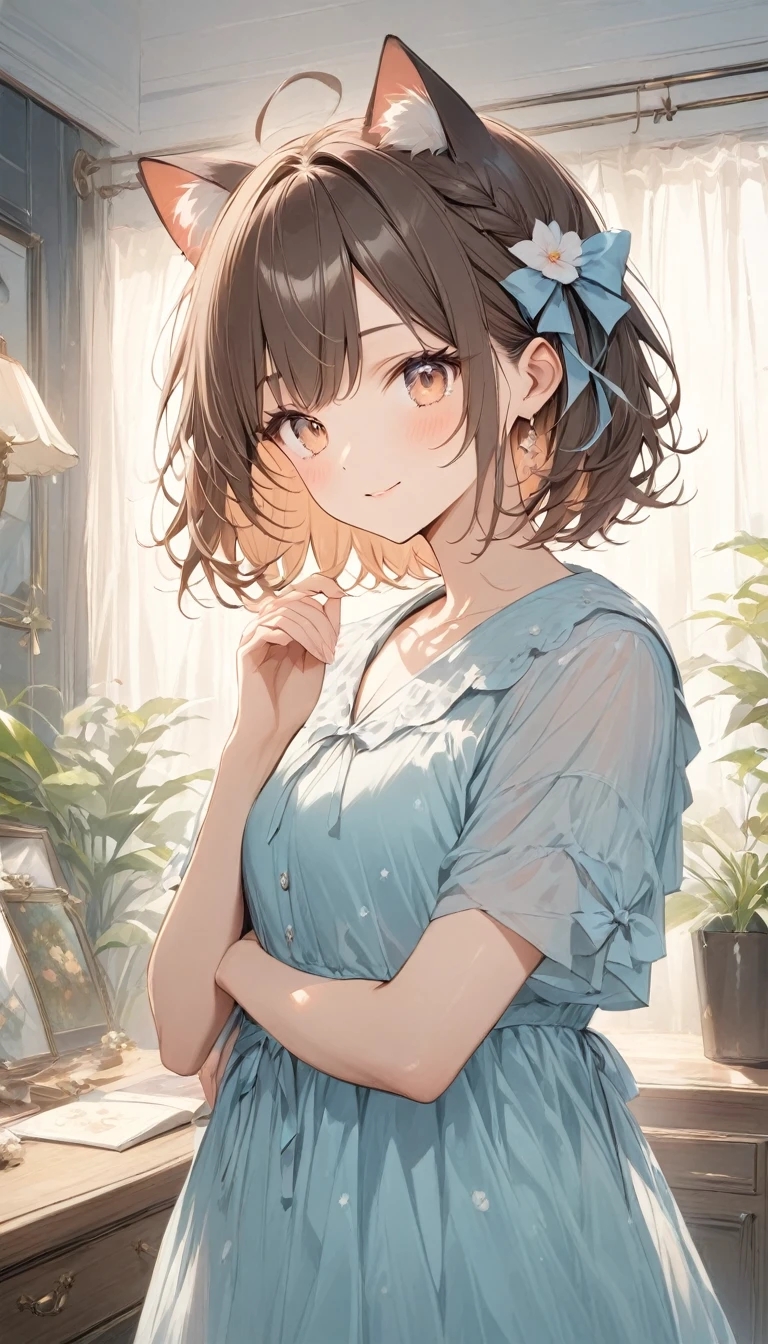 (Ultra-high resolution of the highest quality, masutepiece, Best Quality, 8K, Super Detail, Best Quality:1.3), (Anatomically correct:1.3), (face shot:1.6), (1 ), (Child), (Loli), (inf, (Small body), (flat chest), (elementary school student), (blush face:1.6), short black wavy hair, bangs hair over eyes, (drooping eyes), (loose sweater:1.2), girl's own room, (funny smile), (beautiful hair, beautiful eyes, beautiful face), (face focus, human ear focus, clavicle focus), from side