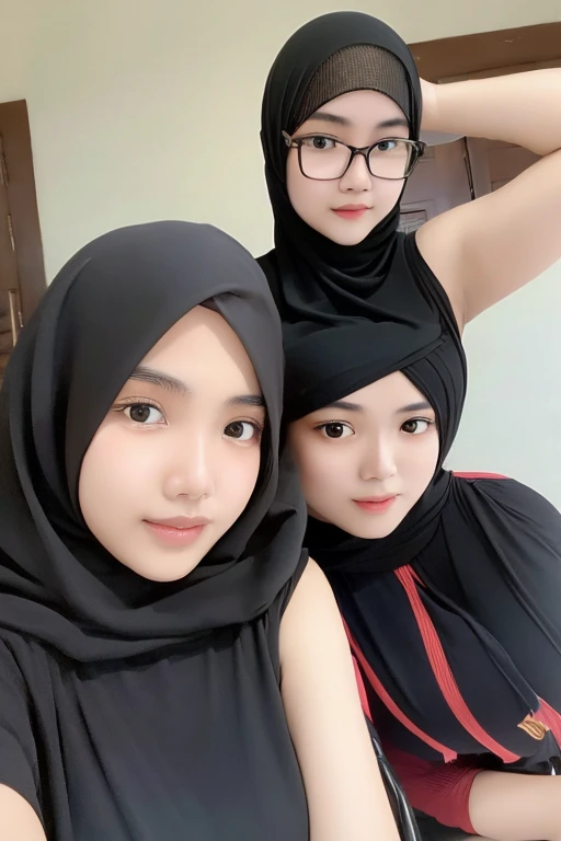 2girl, a young asian woman with muslim clothes,busty,dynamic pose,sexy smile,eye glass,hijab,armpit,hourglass body,sexy body,eye on camera,mosque,monastery,wulandari