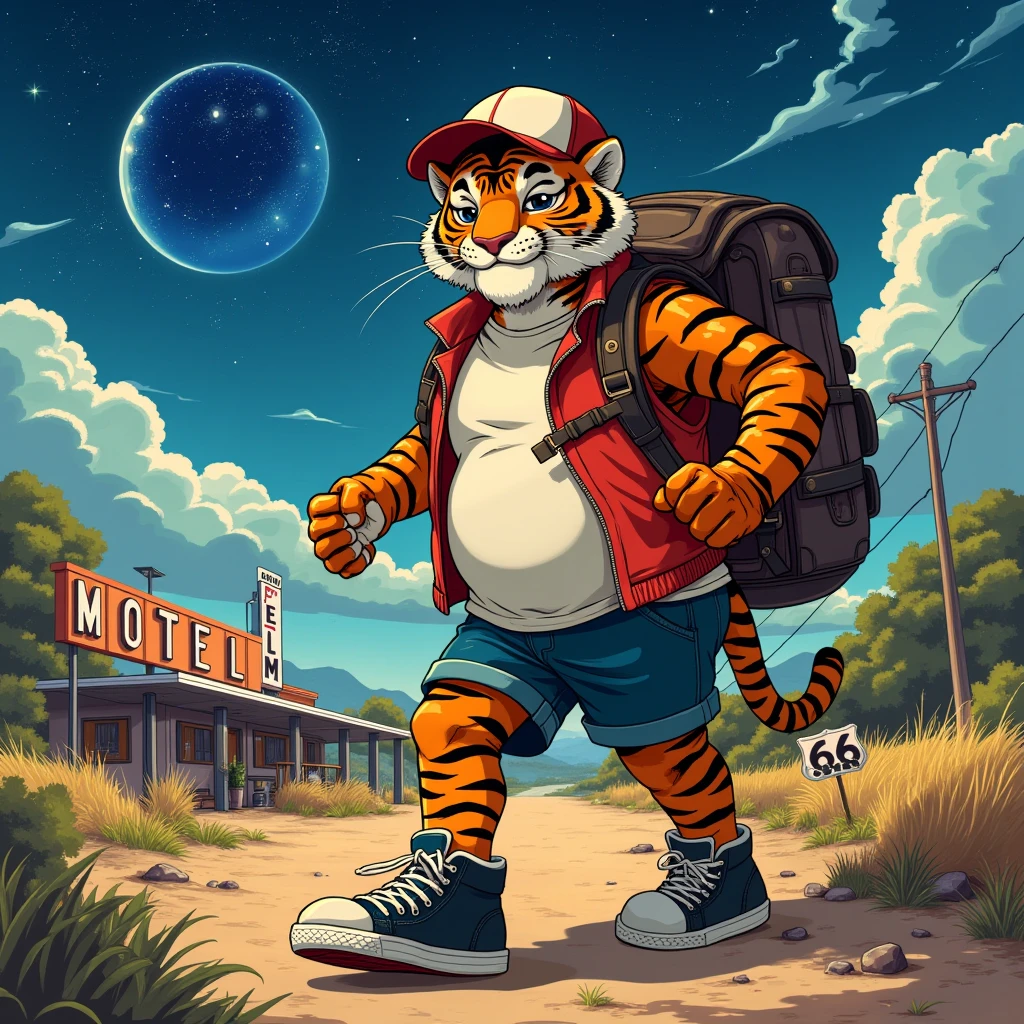 american country, backpacker, plump middle-aged tiger man, happy, little smile, backpack, baseball cap, costume, half pants, detailed sneaker, standing, hiking, dynamic pose, quantum electromagnetic life form night sky, location Route 66, motel, path, outdoor, 
detailed painting landscape, BREAK full body in Michelangelo Buonarroti style, digital illustration anime, character focus, full body, looking away, dynamic angle, niji6, niji5, BREAK complete anatomy, perfect proportions, beautiful thigh gap, fluffy body, intricate fur details, beautiful fur texture, BREAK detailed tiger tail, detailed toe, 5toes, 5toes nails, beautiful foot, detailed hands, 5fingers, 5fingers nails, BREAK aesthetic anime face, insanity detailed face, male face, big face, square jawline, aesthetic anime eyes, detailed brown eyes, detailed brown cornea, detailed dark brown irises, detailed pupils, male eyes, big eyes, male eyebrows, innocent look, beautiful beard, BREAK masterpiece, official art, best quality, very aesthetic, absurdres, super fine illustration, great quality, BREAK noise reduction, very highres, large filesize, high quality, 32K, 8k wallpaper, dynamic lighting, BREAK insanity detailed, ultra detailed, intricate details, extremely detailed, detailed texture, an extremely delicate and beautiful, full color, HDR, BREAK e621 illustration, Fur Affinity illustration, osukemo, kemohomo, anthropomorphic, furry, cartoon, harmonious eyes, pastoral face, virtuous body, american country atmosphere 