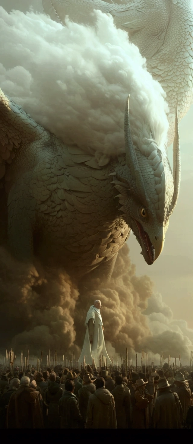 a close up of a person standing in front of a giant bird, beeple and jean giraud, a dragon made of clouds, yuri shwedoff and tom bagshaw, highly detailed surreal vfx, elegant cinematic fantasy art, cinematic art shot, intricate and epic composition, a still of an ethereal, 4 k detail fantasy, stunning vfx