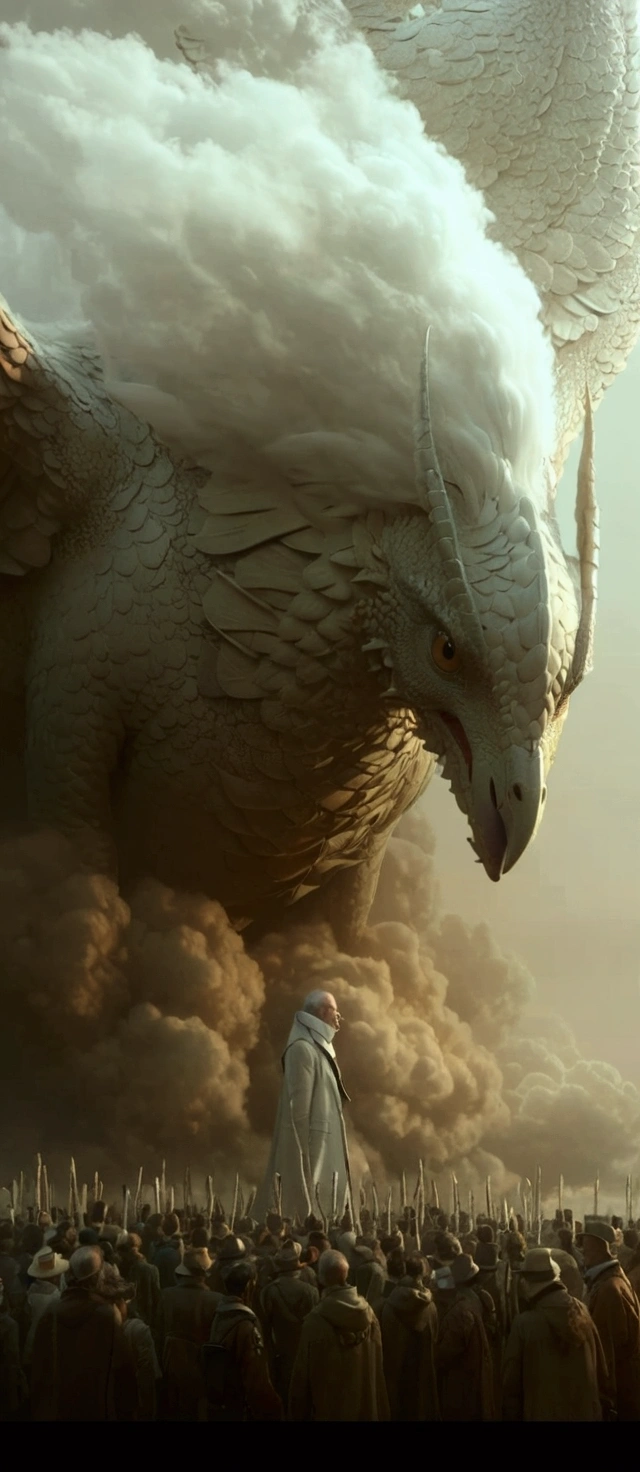 a close up of a person standing in front of a giant bird, beeple and jean giraud, a dragon made of clouds, yuri shwedoff and tom bagshaw, highly detailed surreal vfx, elegant cinematic fantasy art, cinematic art shot, intricate and epic composition, a still of an ethereal, 4 k detail fantasy, stunning vfx