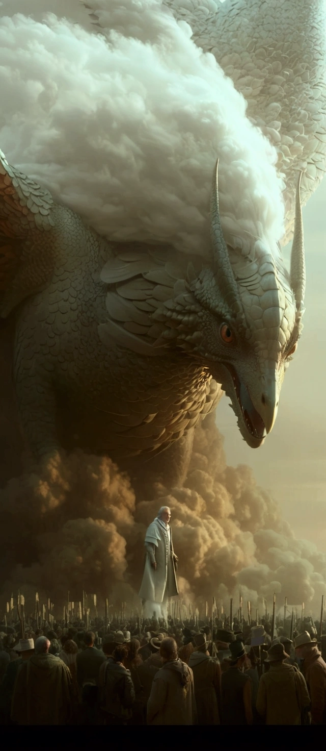 a close up of a person standing in front of a giant bird, beeple and jean giraud, a dragon made of clouds, yuri shwedoff and tom bagshaw, highly detailed surreal vfx, elegant cinematic fantasy art, cinematic art shot, intricate and epic composition, a still of an ethereal, 4 k detail fantasy, stunning vfx