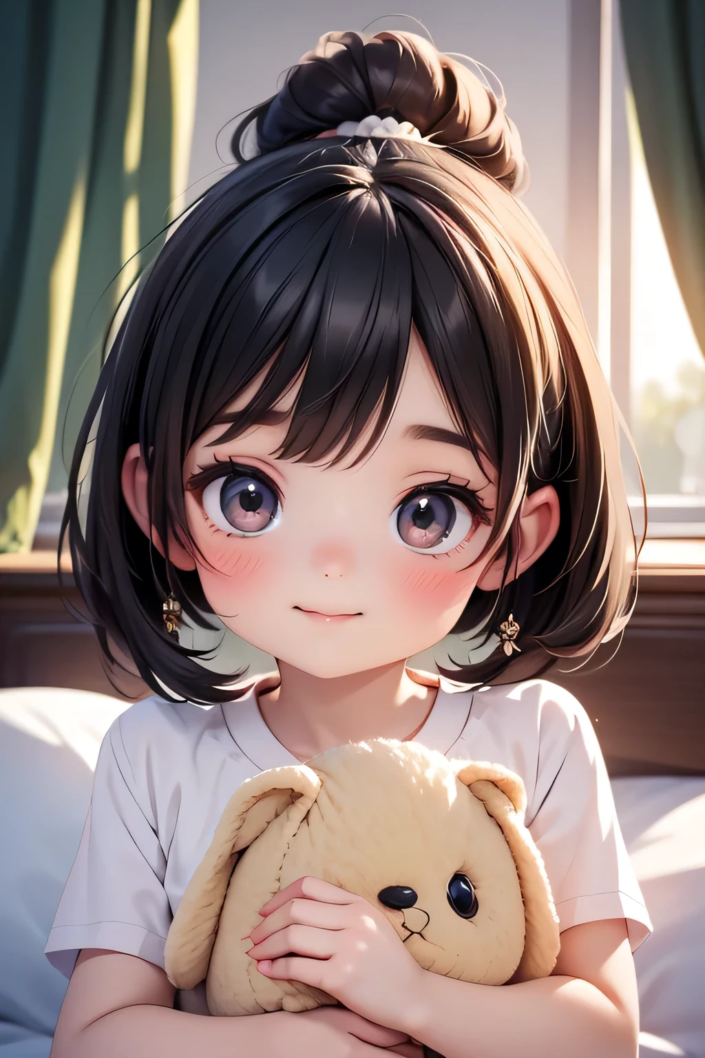 A girl looking into the stuffed animal collecting game、sparkling eyes、smile、