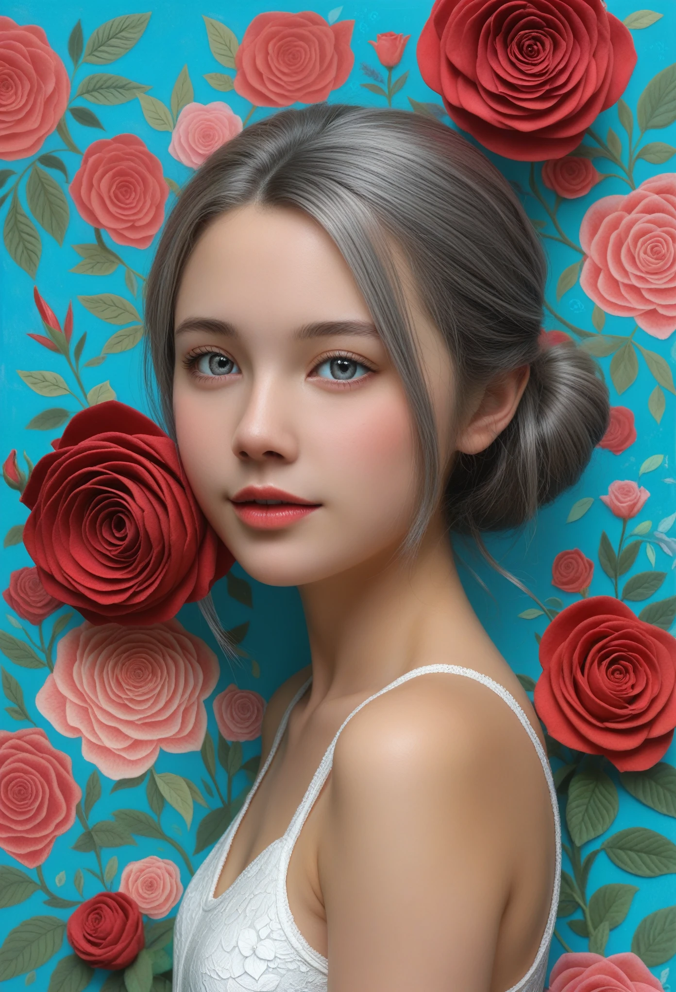 ((Art Deco,Botanical Art,Flower Art)),(Floral:1.2),Crimson rose flower,(masterpiece, Best Quality),(Vibrant colors,colorful),(Amazing details,Detailed Background),Anatomically correct、Very cute、超かわいいgirl、Teenager,Accurate drawing,Detail view,Sense of luxury,Perfect Anatomy, girl, かわいいgirl, Grey Hair, Grey Eyes,