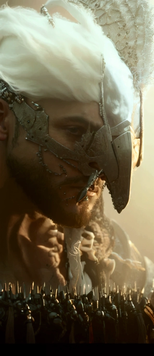 a close up of a man with a white headdress and a beard, cinematic close-up bust shot, highly detailed vfx portrait, detailed cinematic render, insanely detailed octane render, 4k concept art and hyper realism, detailed portrait of a cyborg, cinematic art shot, super detailed octane render, hyperdetailed fantasy character, cinematic unreal engine 5, octane render cinematic