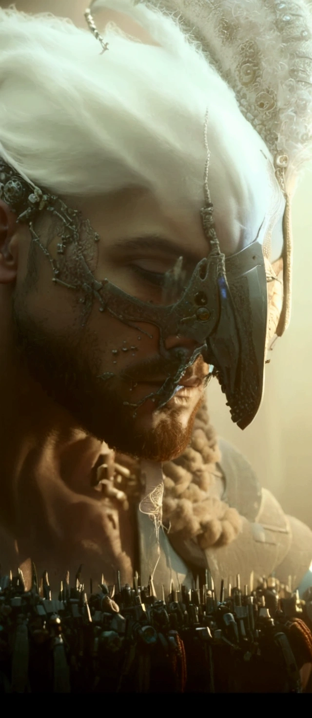 a close up of a man with a white headdress and a beard, cinematic close-up bust shot, highly detailed vfx portrait, detailed cinematic render, insanely detailed octane render, 4k concept art and hyper realism, detailed portrait of a cyborg, cinematic art shot, super detailed octane render, hyperdetailed fantasy character, cinematic unreal engine 5, octane render cinematic