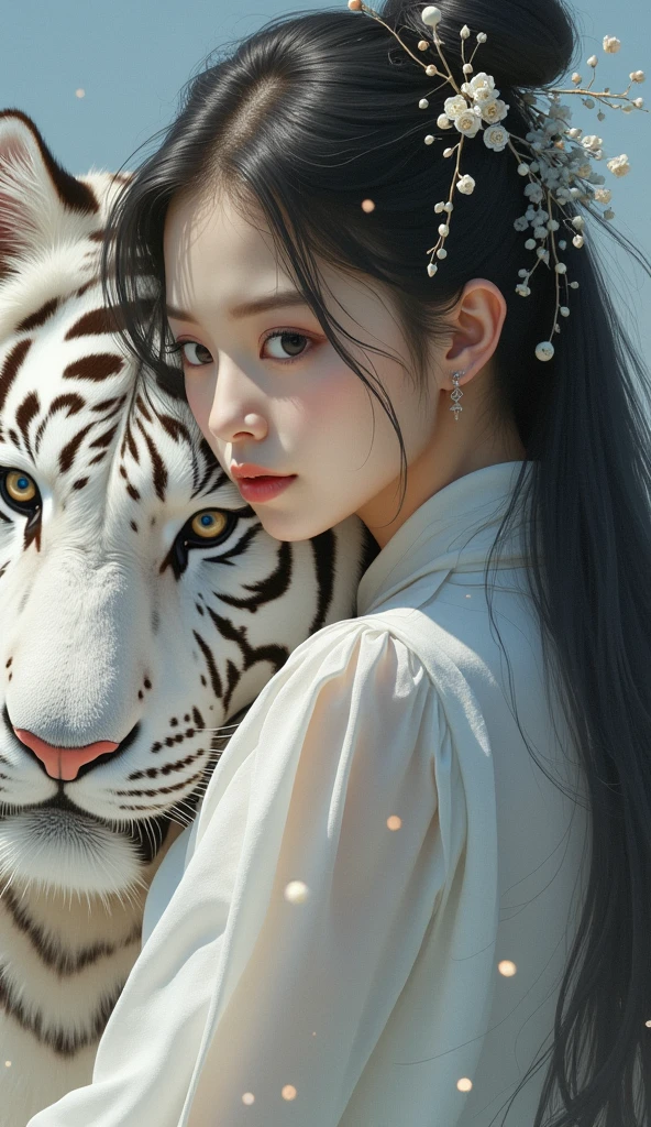 A young woman and a huge white tiger, black hair, hair ornament, chinese clothes, dynamic angle, dynamic posture, perspective, masterful details, light particles, (dreamscape:1.5), (ethereal light:1.5), highlighting the contours 