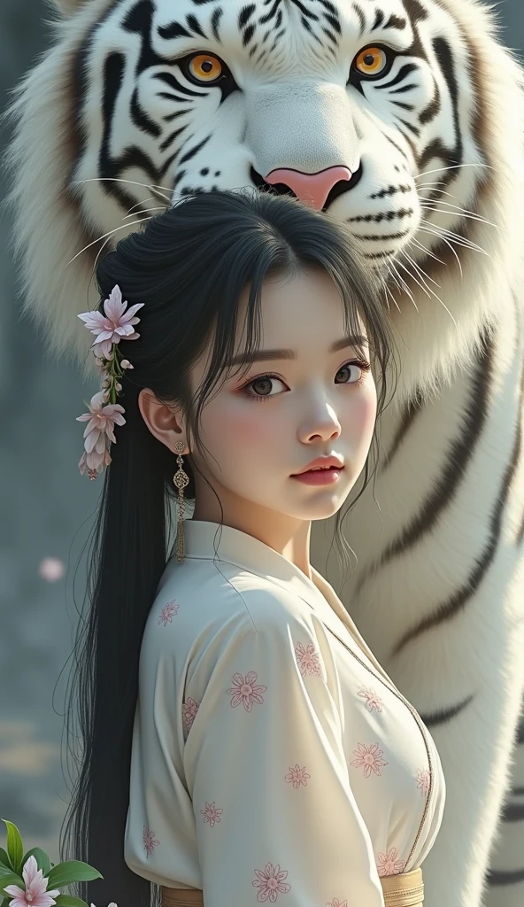 A young woman and a huge white tiger, black hair, hair ornament, chinese clothes, dynamic angle, dynamic posture, perspective, masterful details, light particles, (dreamscape:1.5), (ethereal light:1.5), highlighting the contours 