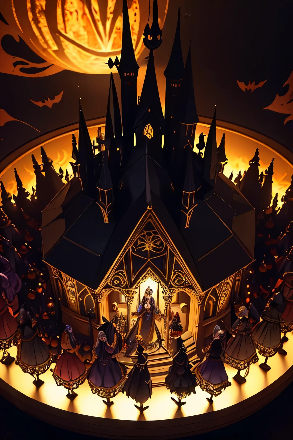 a coven of beautiful witches and mischievous goblins celebrating halloween, detailed fantasy scene, (best quality,4k,8k,highres,masterpiece:1.2),ultra-detailed,(realistic,photorealistic,photo-realistic:1.37),detailed ornate costumes,intricate magic spells, enchanting candlelit atmosphere, vibrant halloween colors, dramatic lighting, mystical forest background