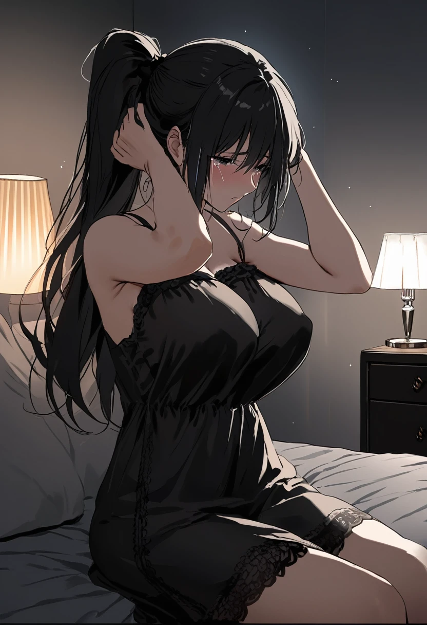 ((Best Quality)), ((masterpiece)), (detailed), (One Girl), sexy, １６８A busty housewife with black hair and a 100cm bust, Mature Woman, (((Straight black hair ponytail))), Mature Woman, Watery-eyed mother, Sitting on bed in negligee, Gentle droopy eyes, (((Shedding tears, she bows her head))), Hollow Eyes, (((The faint light from the lamp illuminates the pitch black bedroom))), Sad face, Rocket Boobs