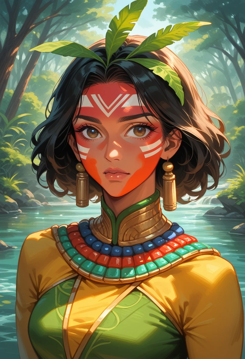 comic art, digital painting. A beautiful indigenous woman in a native superhero costume with feathers and quills on her head, indigenous peoples of the amazon in brazil, beautiful young native brazilian woman, paint face, Warm body, Yanomami Indian in traditional costume,high quality. Amazon rainforest and river bottom. vivid colors, cinematic lighting. detailed, intricate, detailed face.