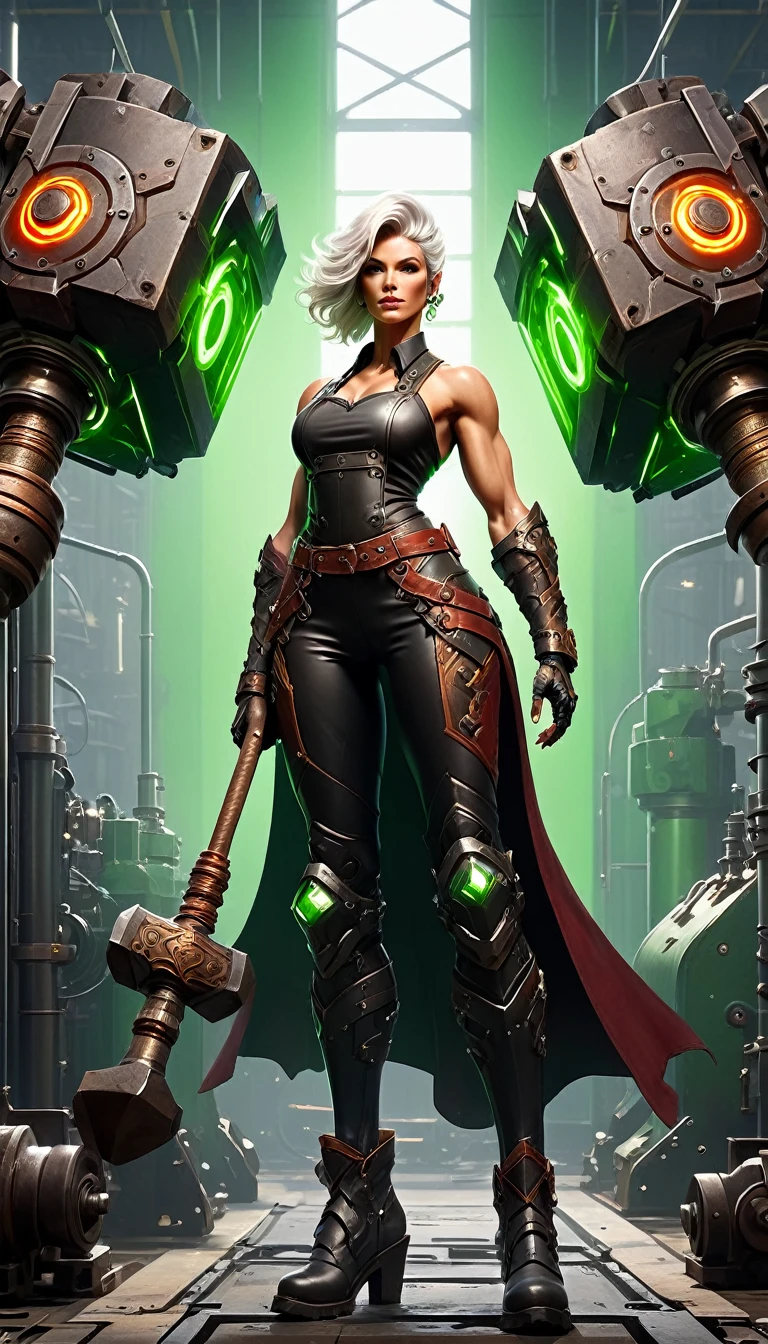 (sfw), (wide angle), 1woman, goddess of the forge, Hephaestus, ((blacksmith woman)), middle-aged woman in her 40s, toned muscle physique, ((medium length wavy with crimson roots fading to black tips)), burn scars on chest and arms, (wearing leather apron, apron with glowing symbols), (tight black button up shirt) , (wearing skin tight white leggings), (wearing flat heeled black work boots), ((swings a huge smithy hammer in one hand, over her head)), smith's hammer is glowing green, she stands at an angelic anvil, (set inside a massive robotic factory:1.37), ((high resolution)), intricately detailed facial features, detailed piercing eyes, refined jawline, masterpiece, 8k, ((hyper realistic)), 3/4 profile view, cinematic lighting, dramatic shadows, warm color tones, intricate details, hyper-detailed, battle hammer, hyperkraximalism, spl1th41r, two tone hair,