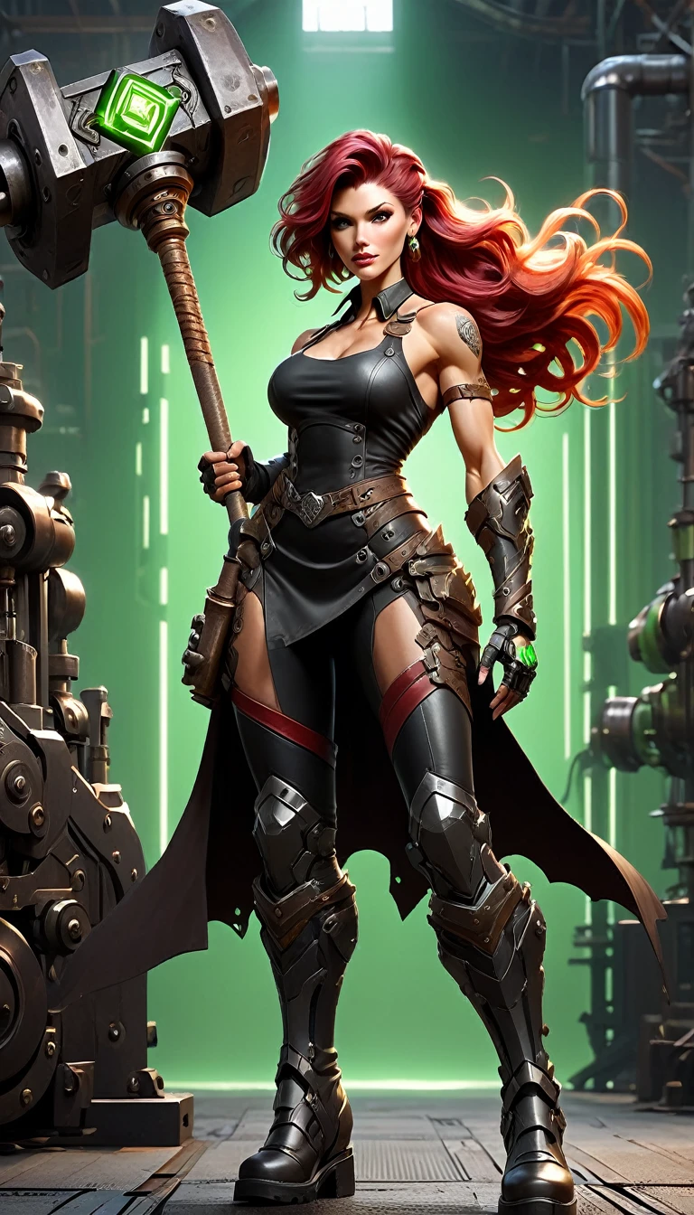 (sfw), (wide angle), 1woman, goddess of the forge, Hephaestus, ((blacksmith woman)), middle-aged woman in her 40s, toned muscle physique, ((medium length wavy with crimson roots fading to black tips)), burn scars on chest and arms, (wearing leather apron, apron with glowing symbols), (tight black button up shirt) , (wearing skin tight white leggings), (wearing flat heeled black work boots), ((swings a huge smithy hammer in one hand, over her head)), smith's hammer is glowing green, she stands at an angelic anvil, (set inside a massive robotic factory:1.37), ((high resolution)), intricately detailed facial features, detailed piercing eyes, refined jawline, masterpiece, 8k, ((hyper realistic)), 3/4 profile view, cinematic lighting, dramatic shadows, warm color tones, intricate details, hyper-detailed, battle hammer, hyperkraximalism, spl1th41r, two tone hair,