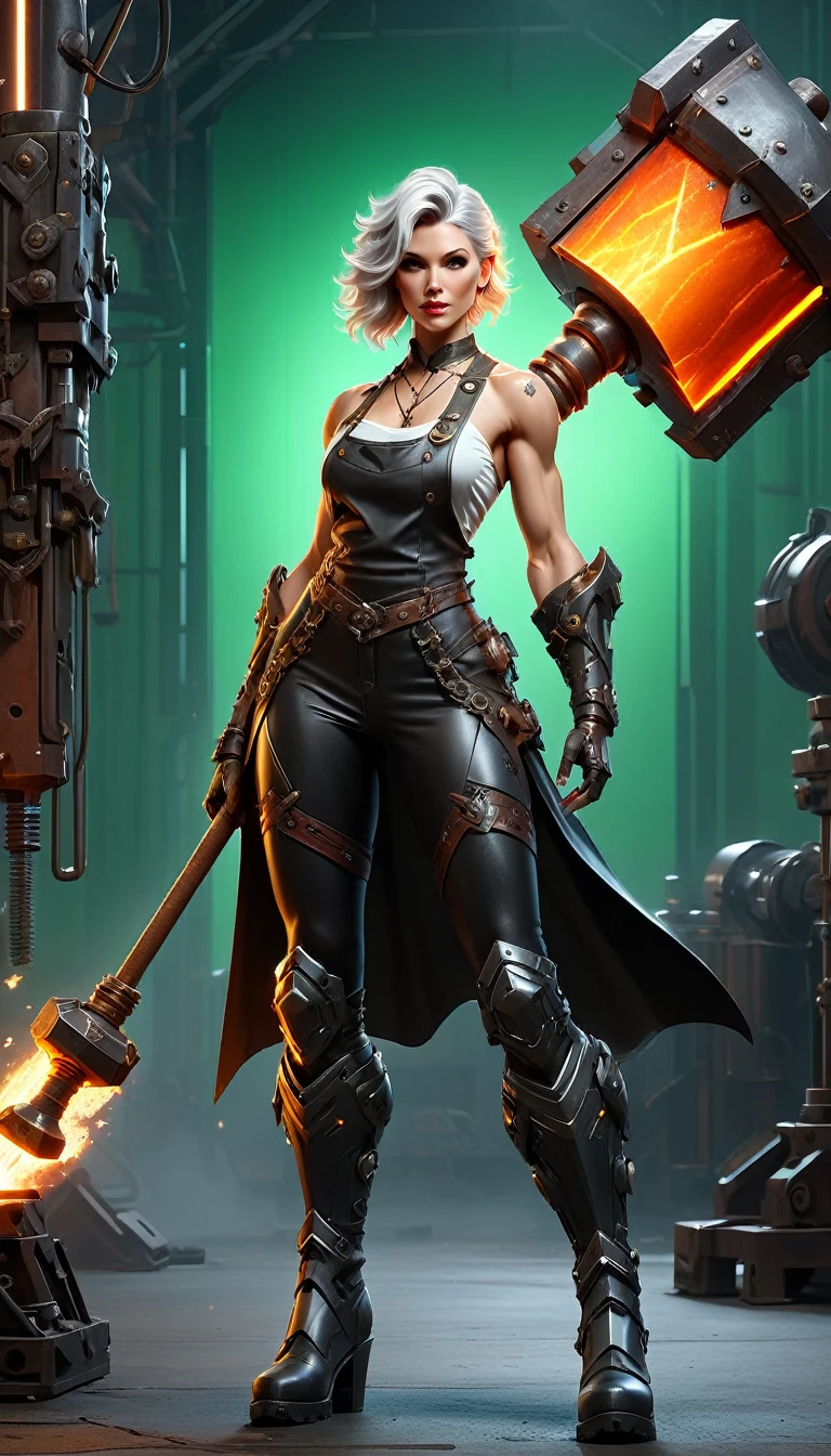 (sfw), (wide angle), 1woman, goddess of the forge, Hephaestus, ((blacksmith woman)), middle-aged woman in her 40s, toned muscle physique, ((medium length wavy with crimson roots fading to black tips)), burn scars on chest and arms, (wearing leather apron, apron with glowing symbols), (tight black button up shirt) , (wearing skin tight white leggings), (wearing flat heeled black work boots), ((swings a huge smithy hammer in one hand, over her head)), smith's hammer is glowing green, she stands at an angelic anvil, (set inside a massive robotic factory:1.37), ((high resolution)), intricately detailed facial features, detailed piercing eyes, refined jawline, masterpiece, 8k, ((hyper realistic)), 3/4 profile view, cinematic lighting, dramatic shadows, warm color tones, intricate details, hyper-detailed, battle hammer, hyperkraximalism, spl1th41r, two tone hair,