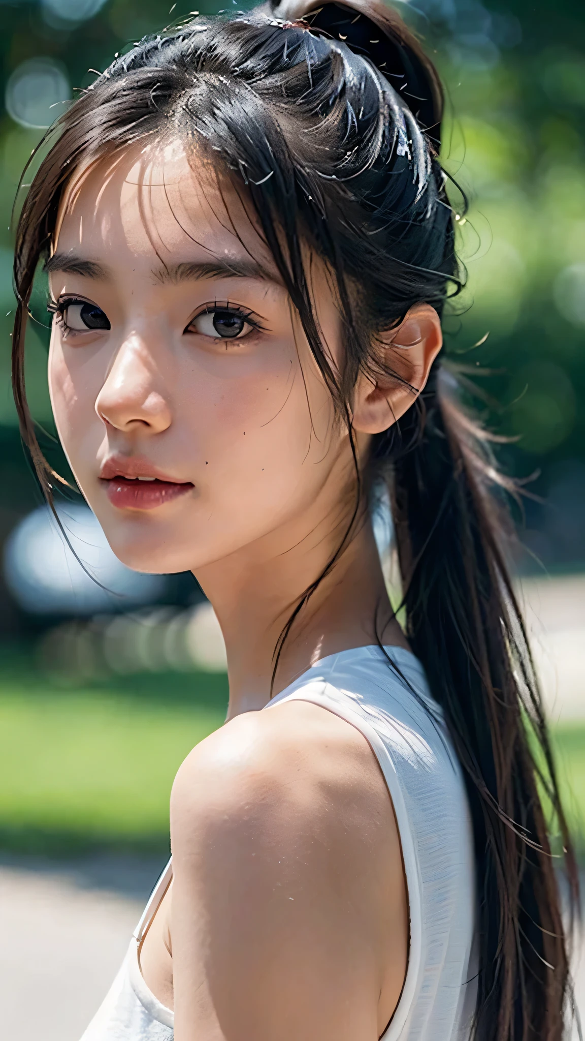 Hasselblad camera, RAW photo, (realistic: 1.2), 1girl, (beautiful and charming: 1.4), ponytail twist, transparant white sports bust, white sports shorts, white sneakers, detailed face, beautiful eyes, (perfect body: 1.2), wet shirt, wet body, (detail: 1.2), 8k ultra hd,