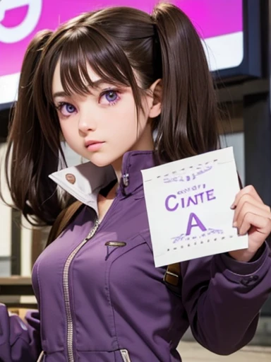 A chibi girl, brown hair with twintails, purple eyes, beautiful, foreground,  fringe, with a sign  