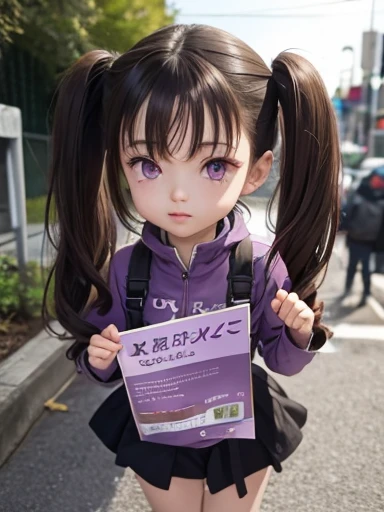 A chibi girl, brown hair with twintails, purple eyes, beautiful, foreground,  fringe, with a sign  