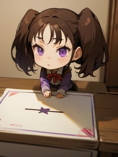 A chibi girl, brown hair with twintails, purple eyes, beautiful, foreground,  fringe, with a blank sign